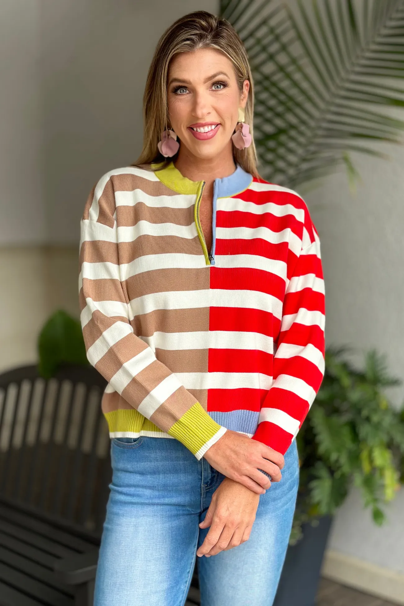 All The Colors Color Block Half Zip Pullover Sweater-Red