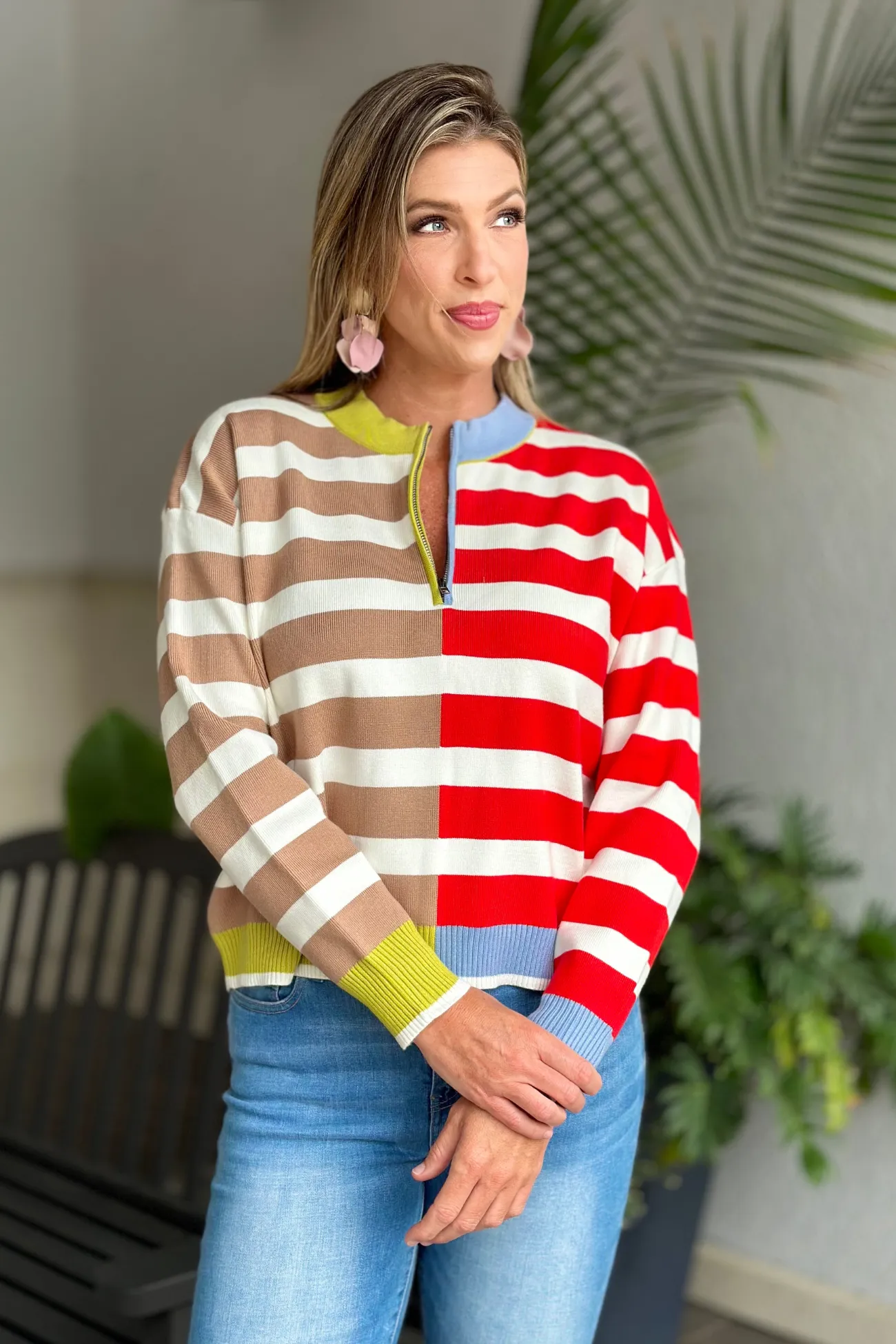 All The Colors Color Block Half Zip Pullover Sweater-Red