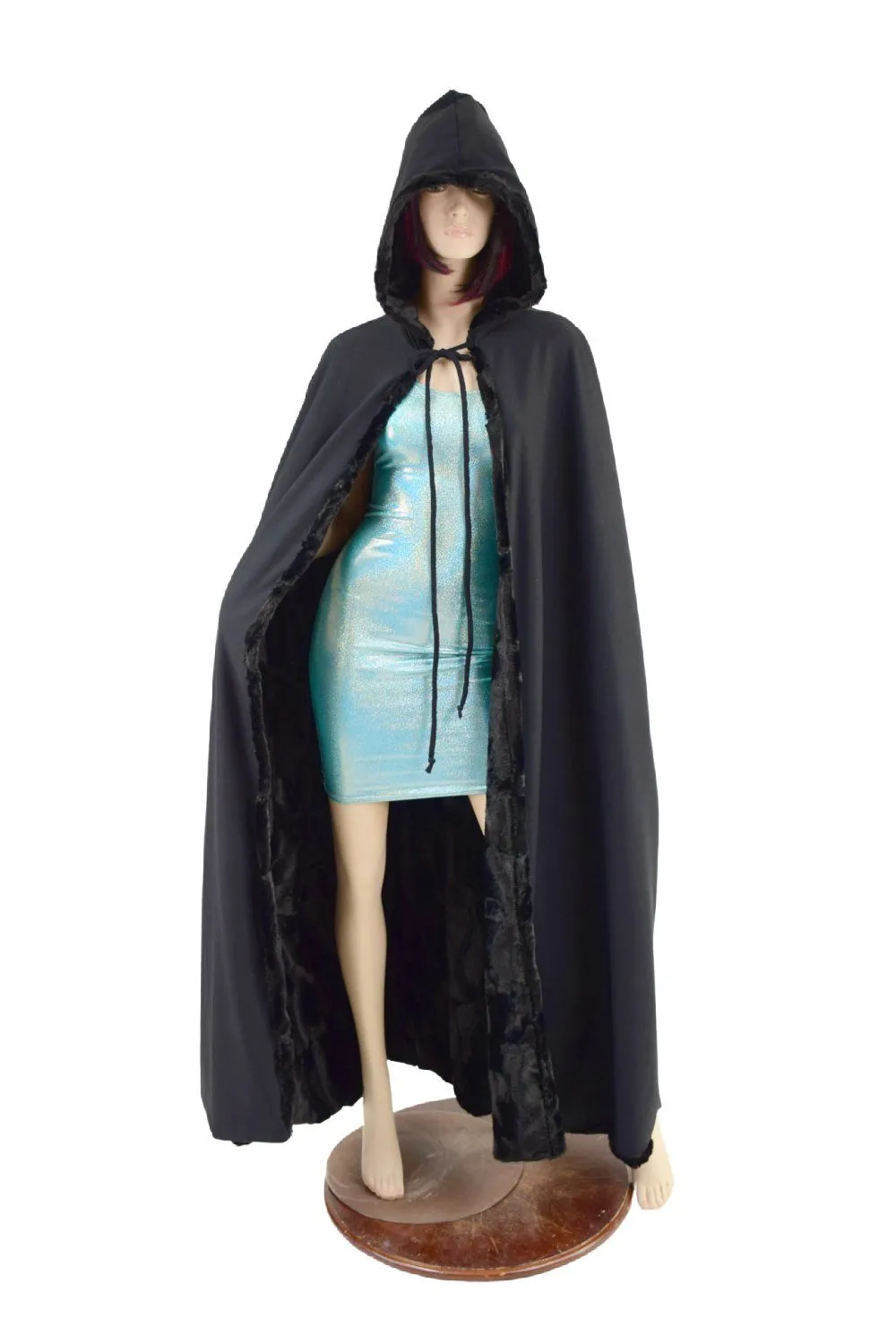 Black Minky Faux Fur Full Length Hooded Cape