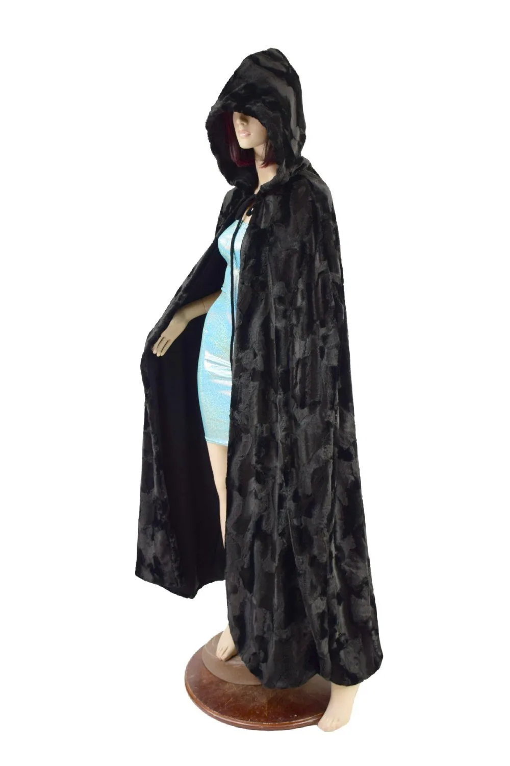 Black Minky Faux Fur Full Length Hooded Cape