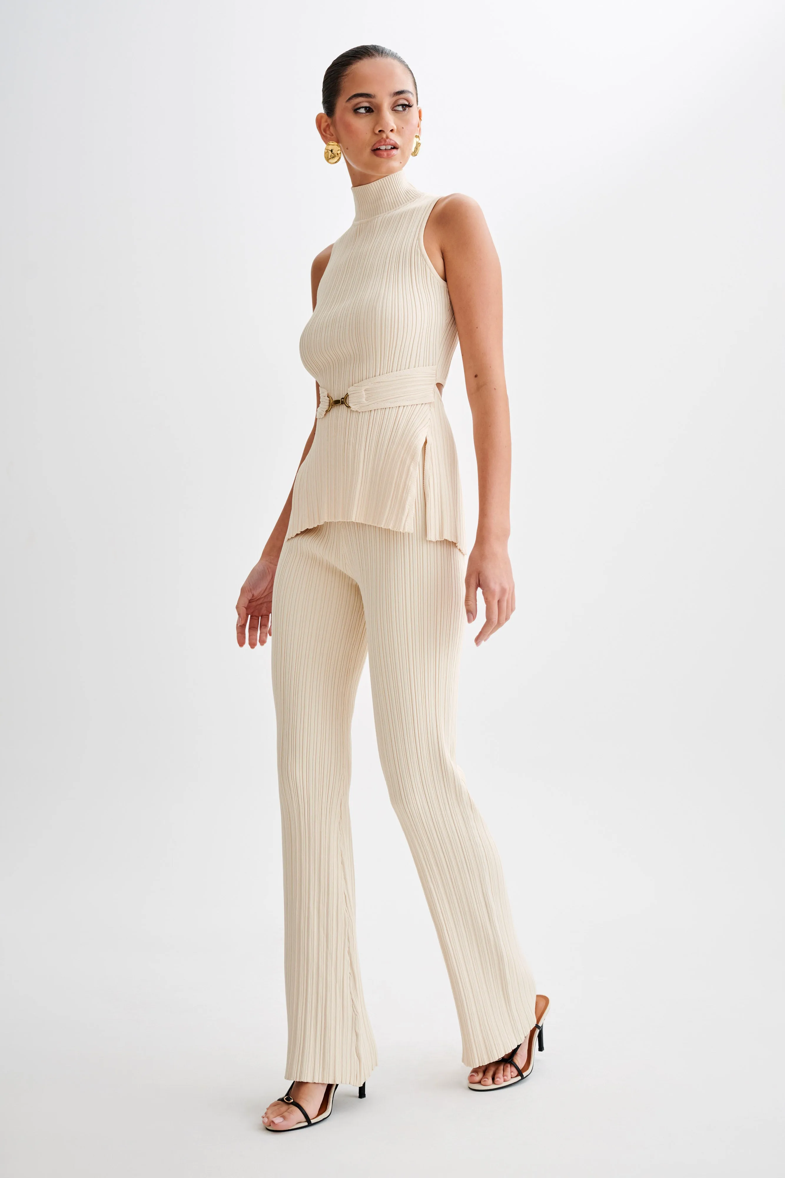 Chiara Straight Leg Rib Knit Pant - Cream