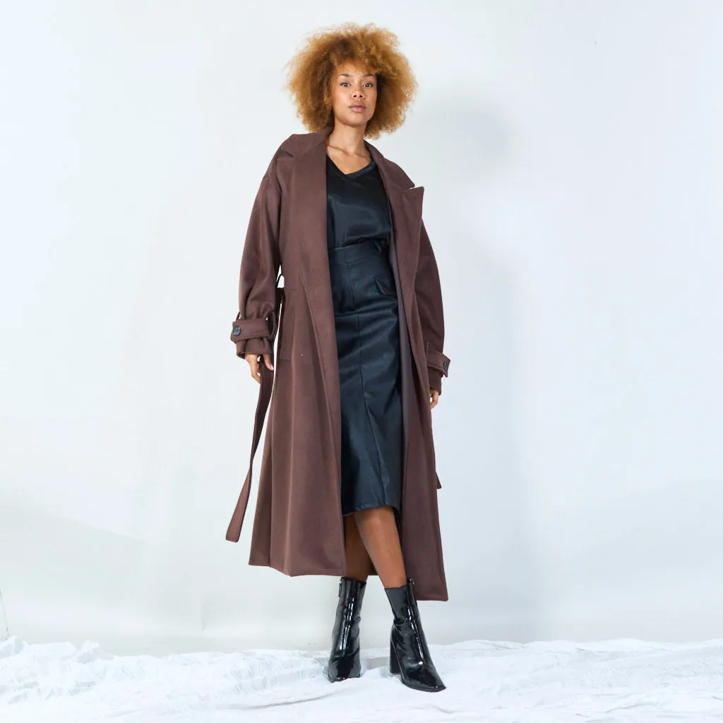 Elegant long trench coat with tie belt wholesale