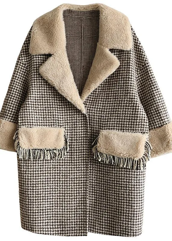 Elegant plus size winter coat patchwork jacket plaid two pockets woolen coats