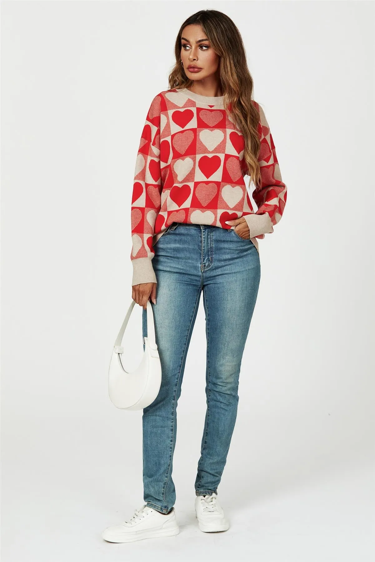 Heart Pattern Knitted Jumper In Red