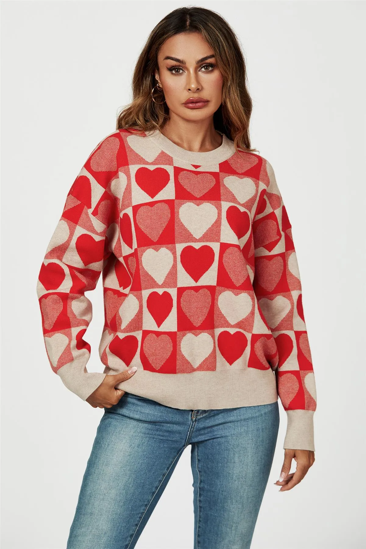 Heart Pattern Knitted Jumper In Red