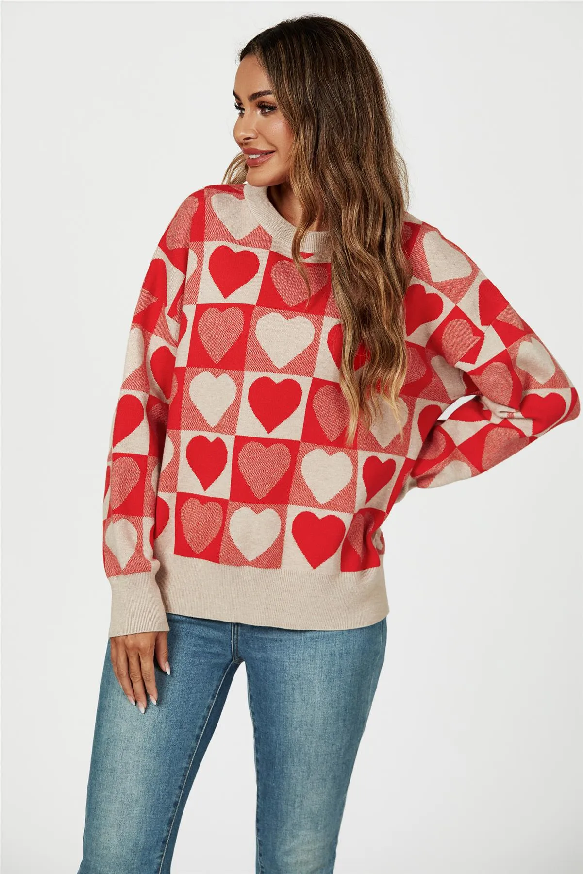 Heart Pattern Knitted Jumper In Red