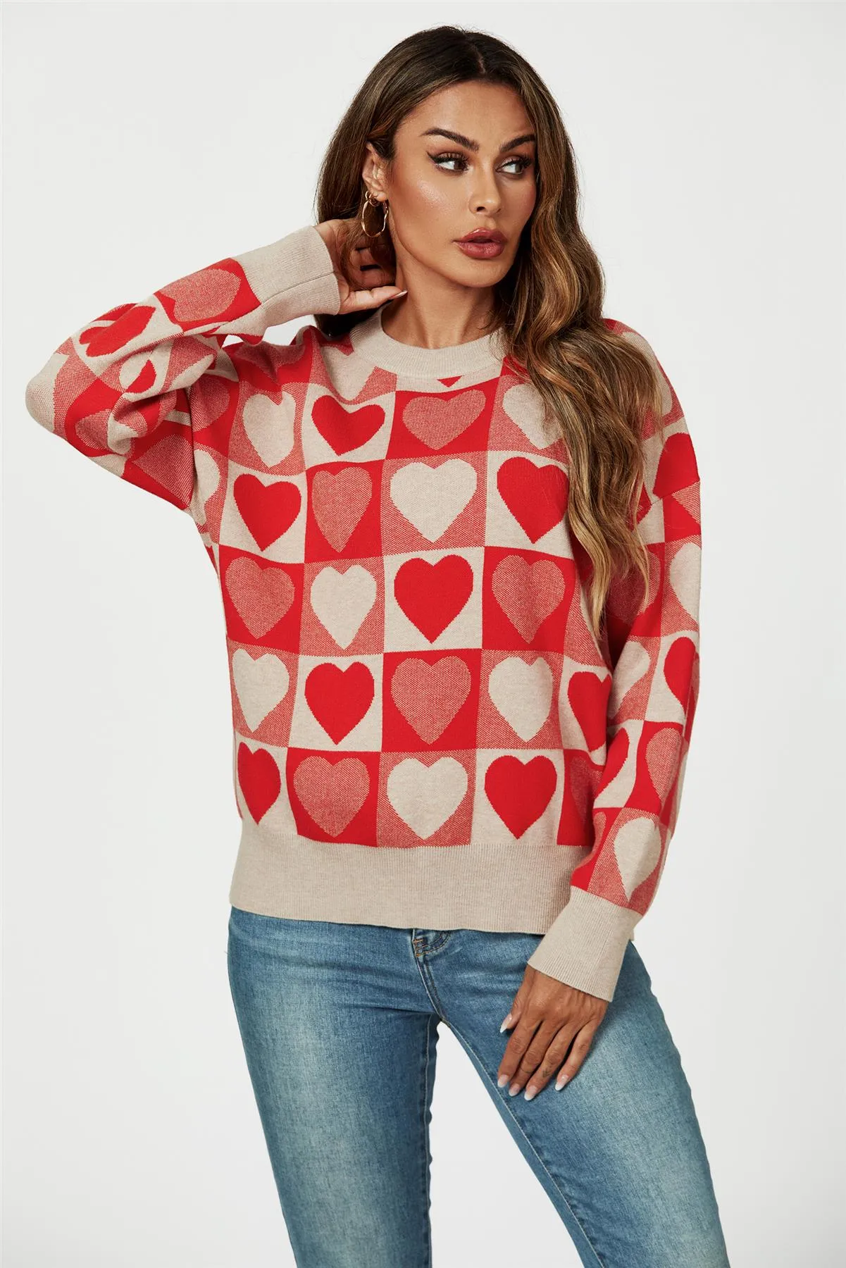 Heart Pattern Knitted Jumper In Red