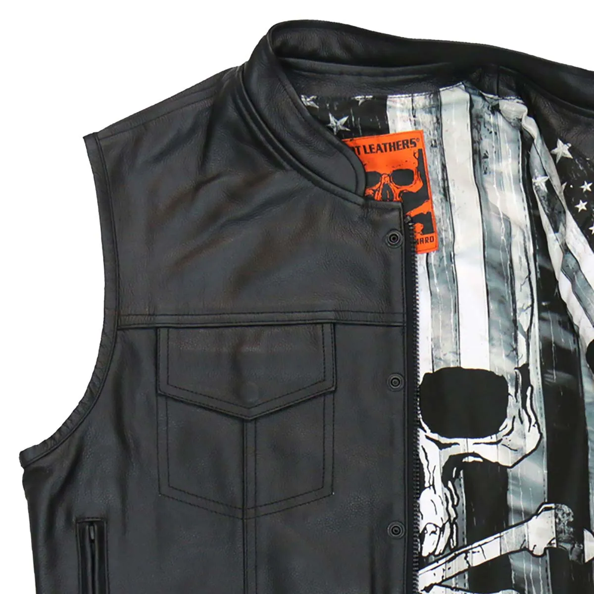 Hot Leathers VSM1054 Men’s Black 'Skull Flag' Conceal and Carry Leather Vest