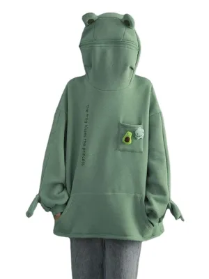 Joskaa Unisex Frog Zipper Hoodie Fleece Lined Springtime Embroidery Oversized Sweatshirt Harajuku Warm Pullover Korean Style Dropship