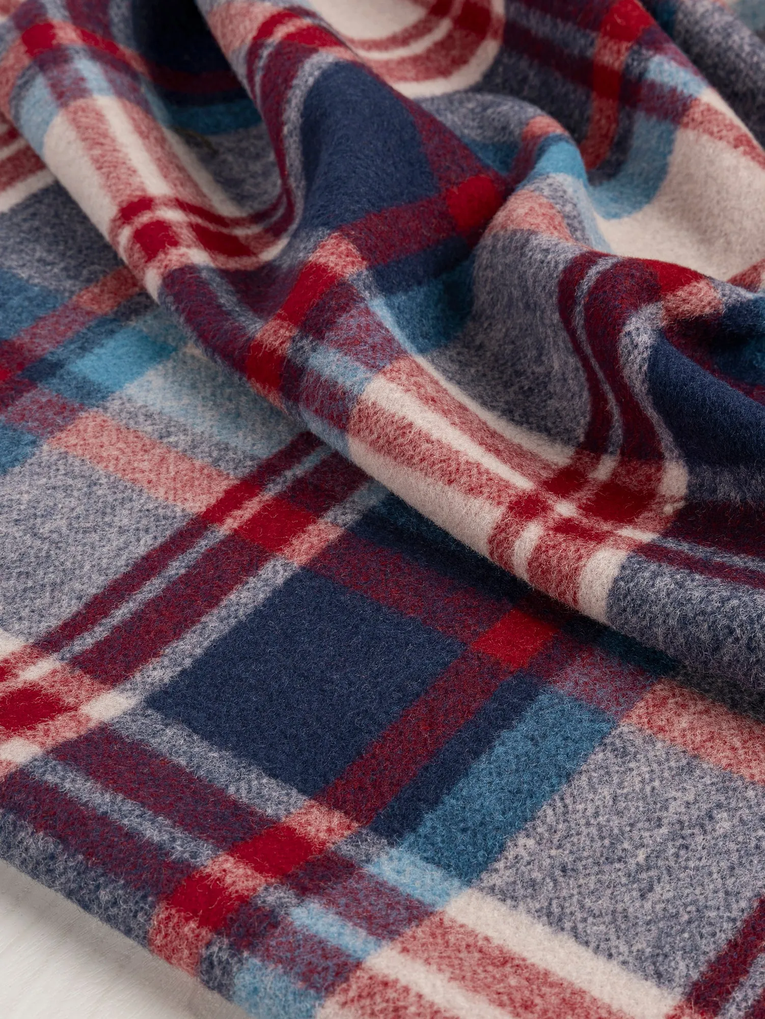 Large Plaid Melton Wool Blend Coating Deadstock - Blue   Red   Beige - Swatch