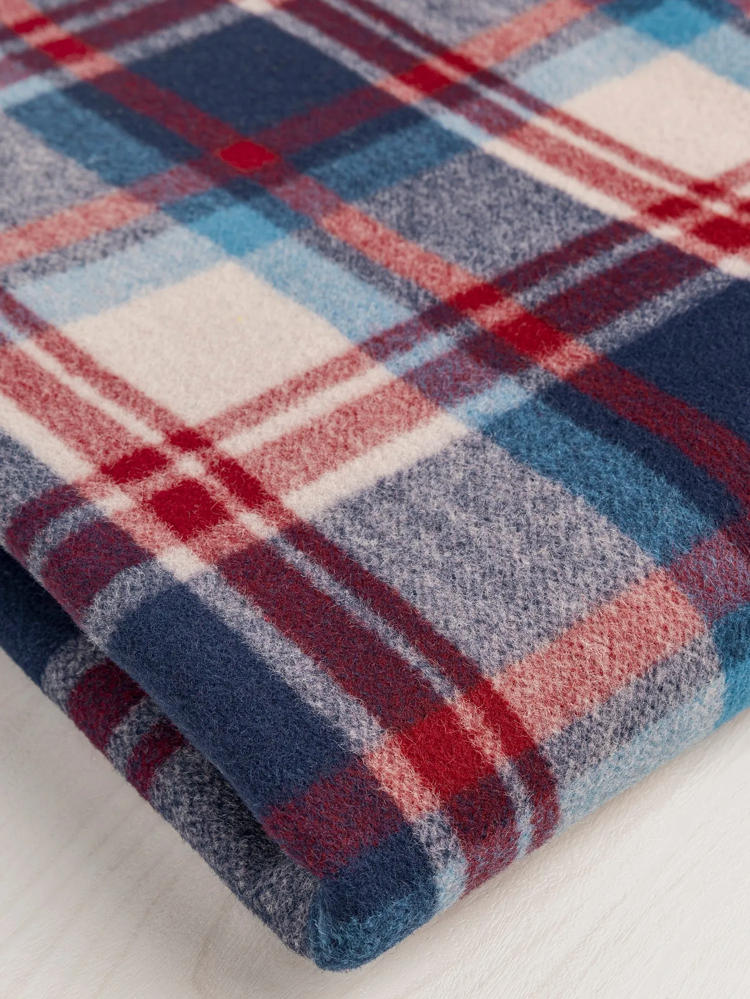 Large Plaid Melton Wool Blend Coating Deadstock - Blue   Red   Beige - Swatch