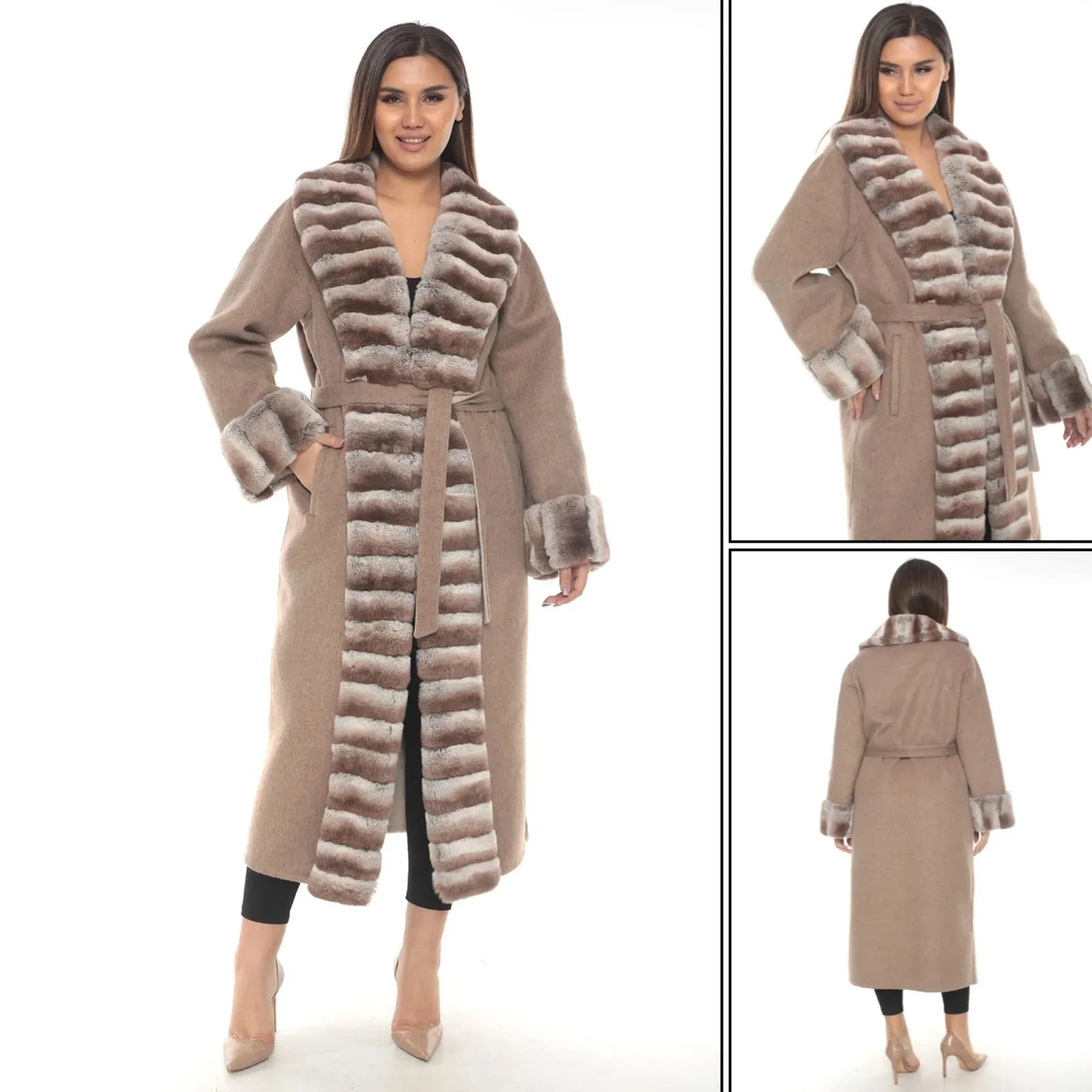 Luxurious Beige Wool Alpaca Long Coat with Rex Fur Details