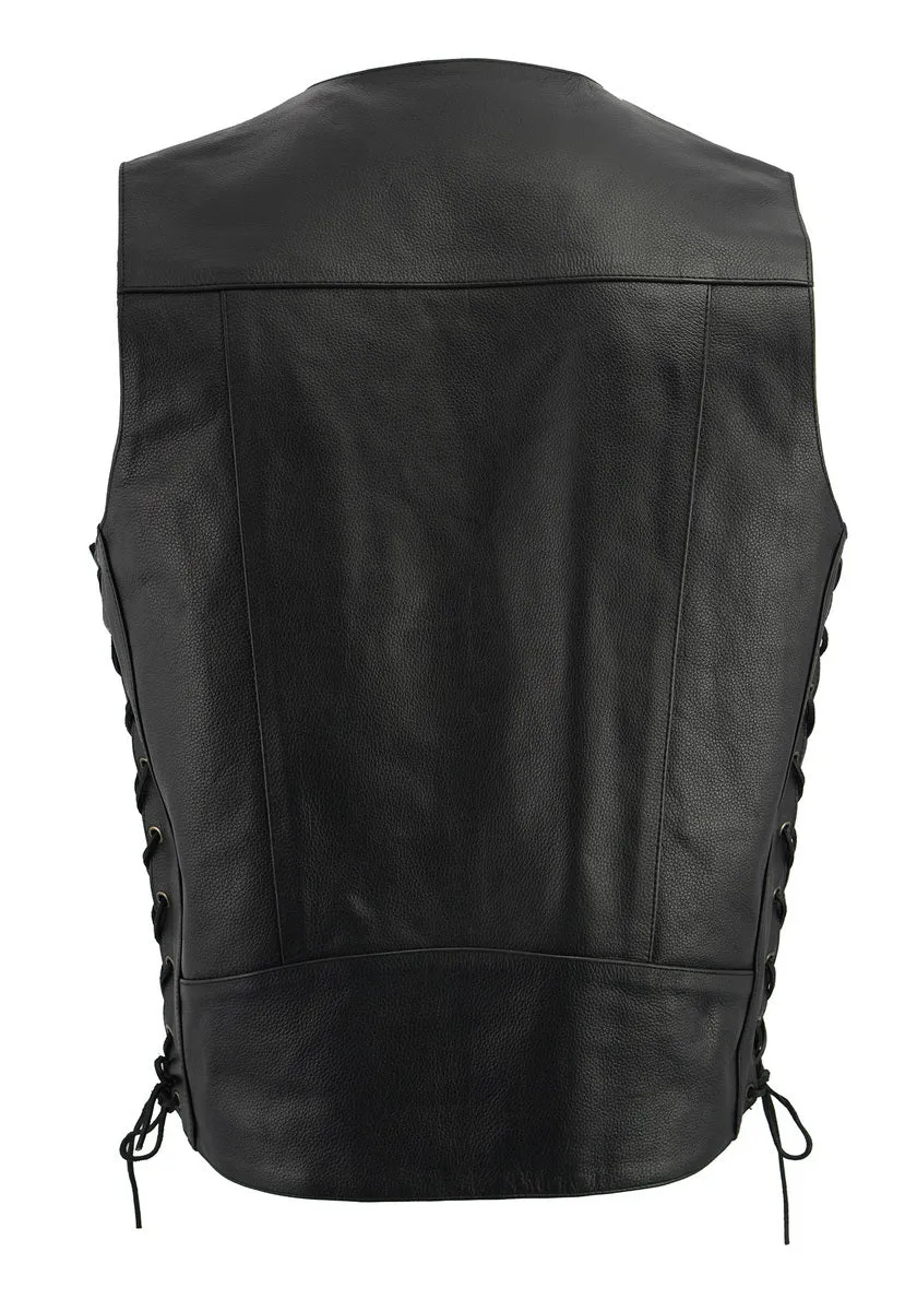 M Boss Motorcycle Apparel BOS13507 Men's Black Side Lace Leather Vest with Buffalo Nickel Snaps