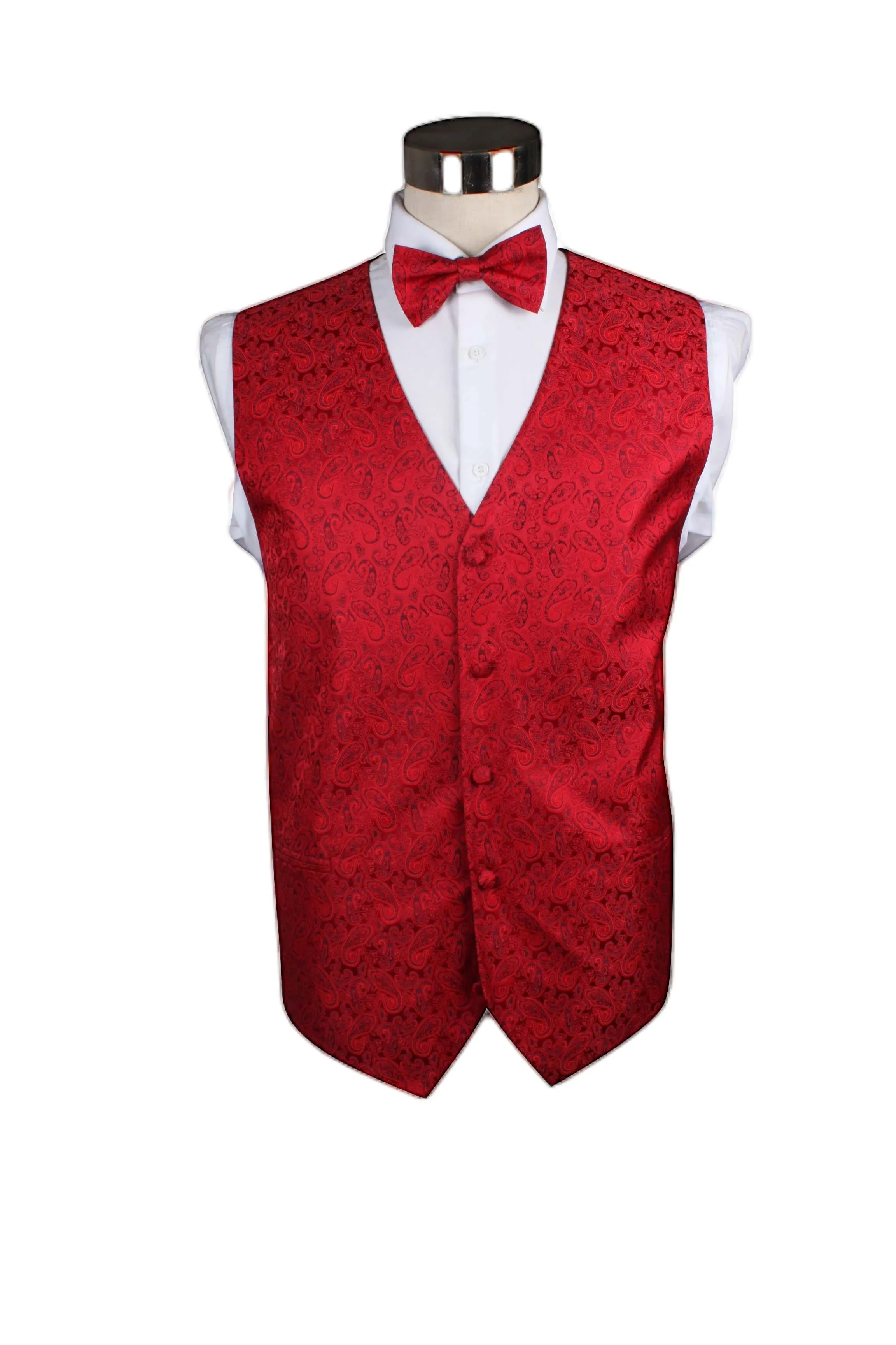 Mens Red Paisley Patterned Vest Waistcoat & Matching Bow Tie