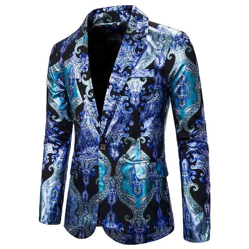 Men's Slim Fit Casual Fancy Printed Chic Blazer Jacket Floral Party Coats Blue