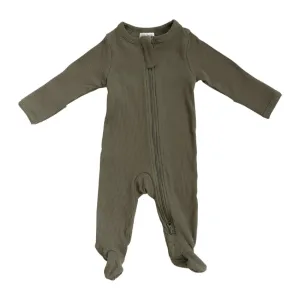 Organic Cotton Ribbed Footed One-Piece Zipper, Winter Green