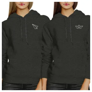 Origami Plane And Boat BFF Matching Dark Grey Hoodies