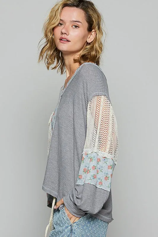 Playful In Floral Charcoal Crochet Patch V-Neck Top