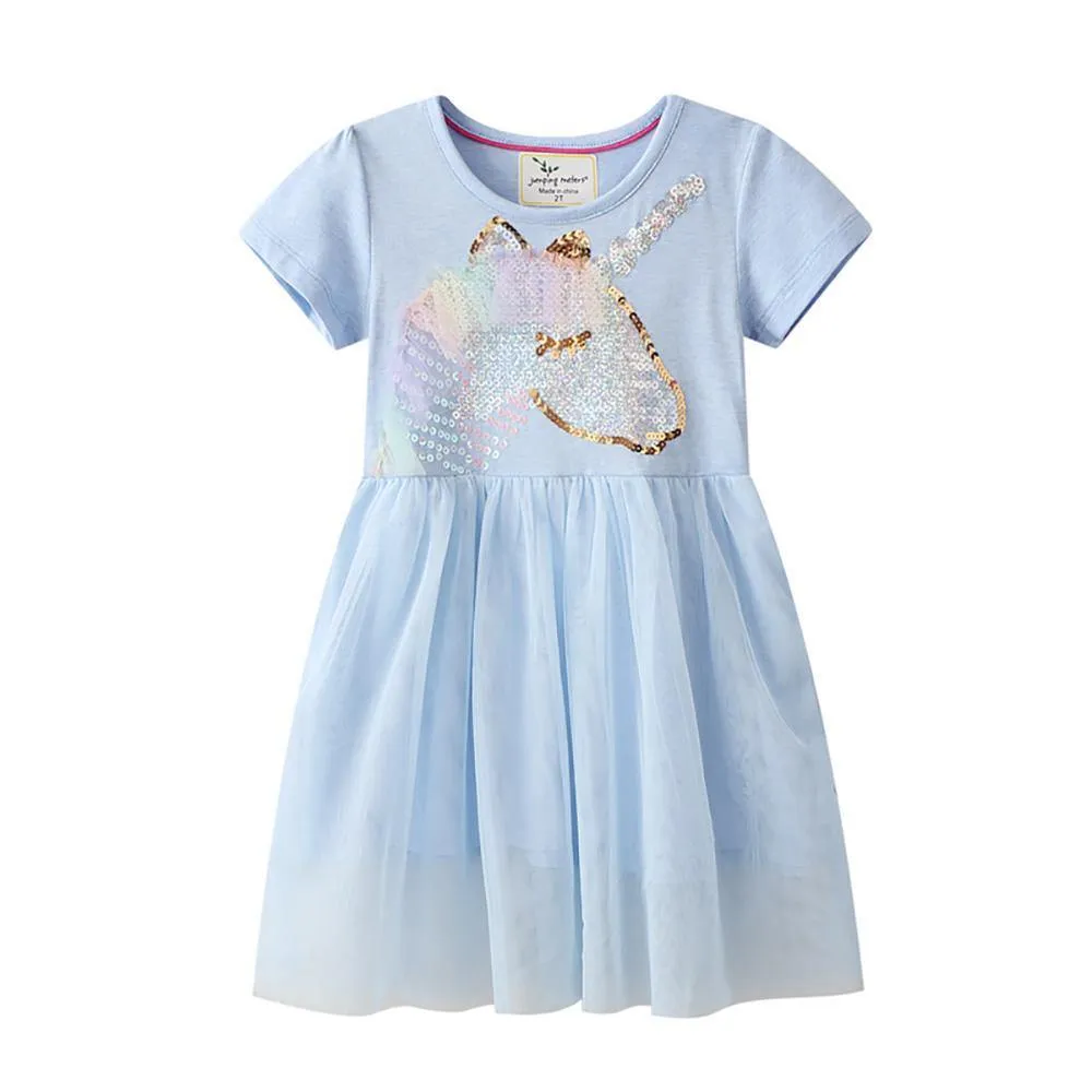 SHORT SLEEVED BLUE UNICORN PRINTED DRESS