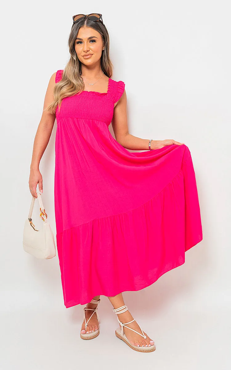 Wide Ruffle Strap Smocked Midi Dress