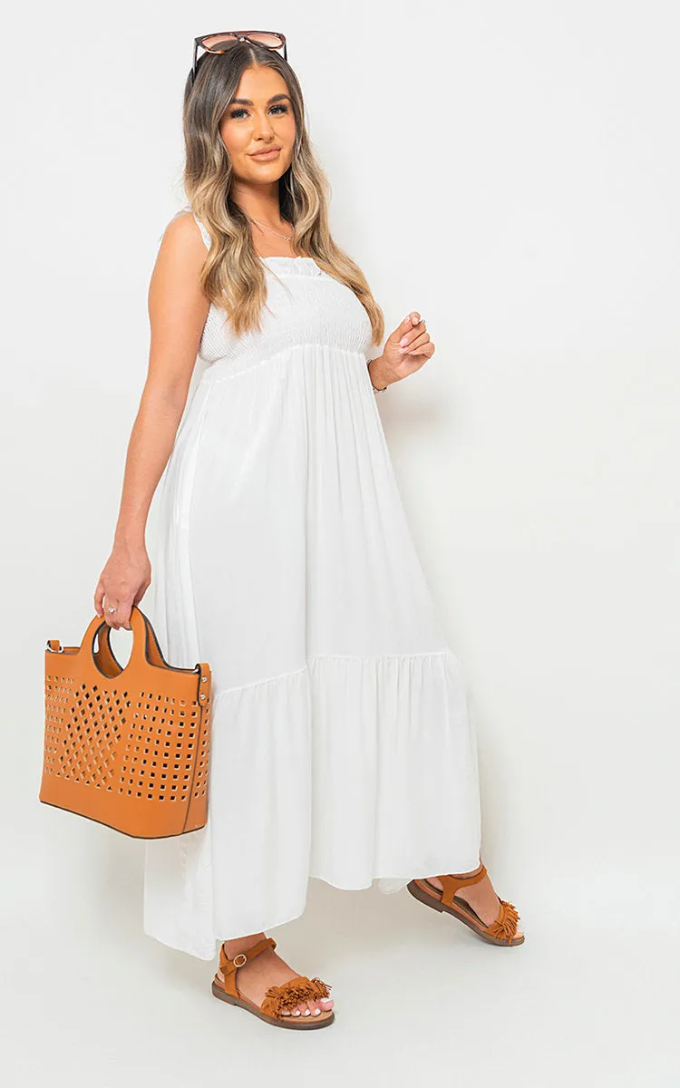 Wide Ruffle Strap Smocked Midi Dress