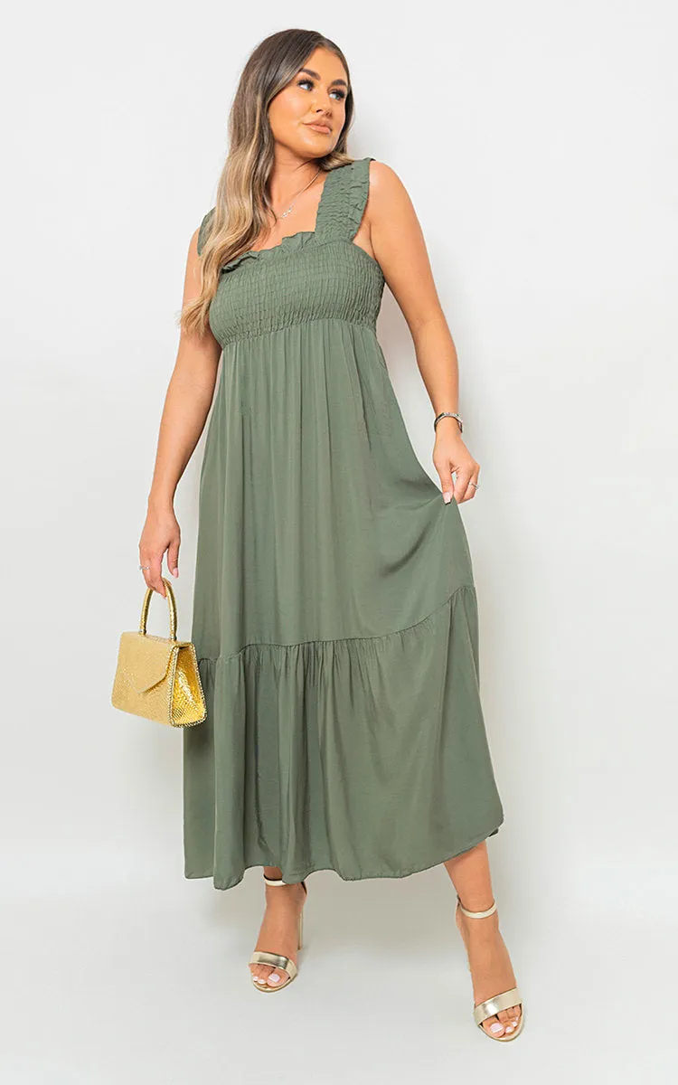 Wide Ruffle Strap Smocked Midi Dress