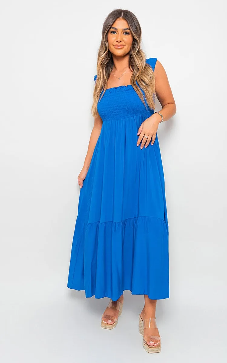 Wide Ruffle Strap Smocked Midi Dress