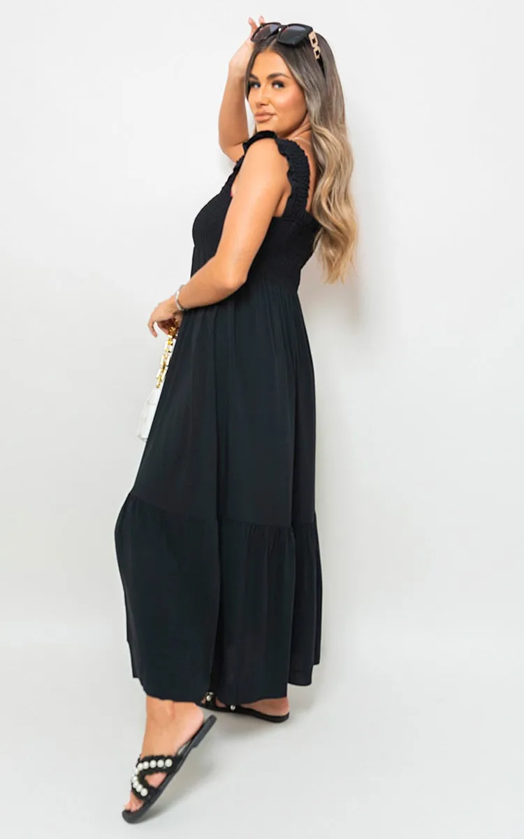 Wide Ruffle Strap Smocked Midi Dress