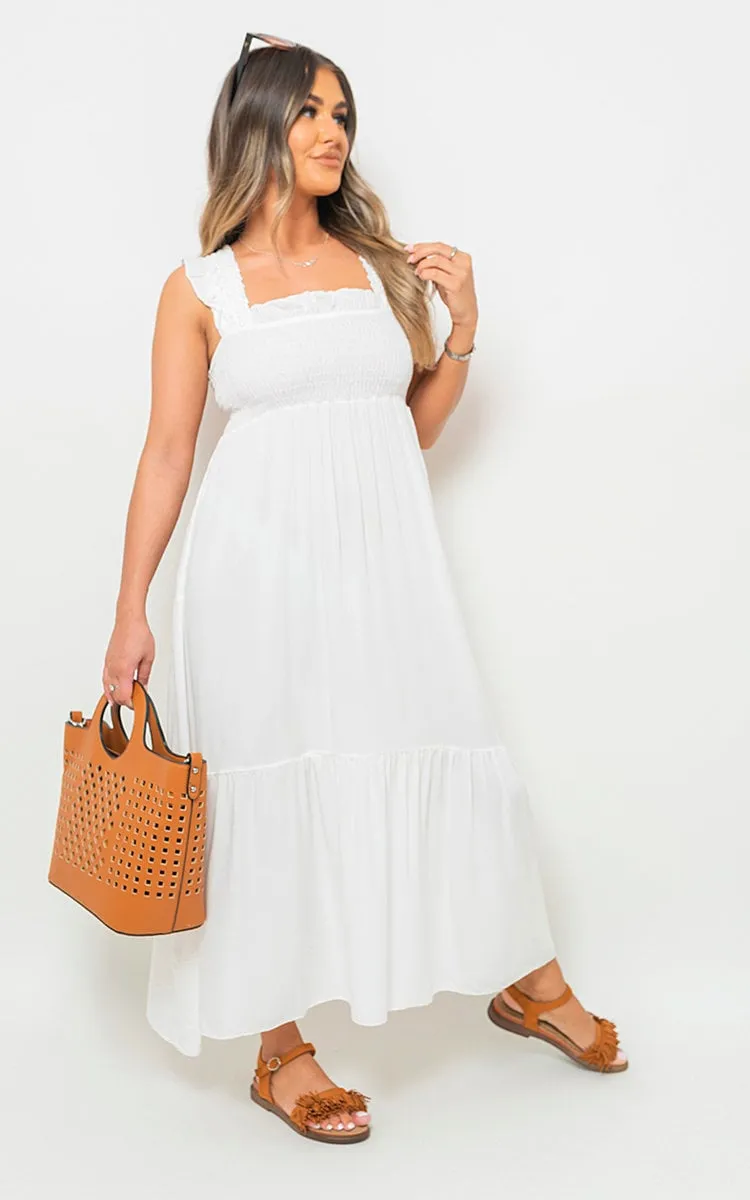 Wide Ruffle Strap Smocked Midi Dress