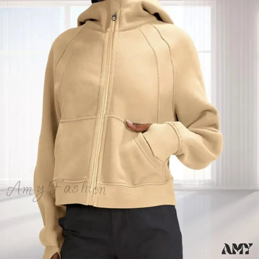 Winter Fleece Pocket Hooded Zipper  Neck Protection Warm Hoodie