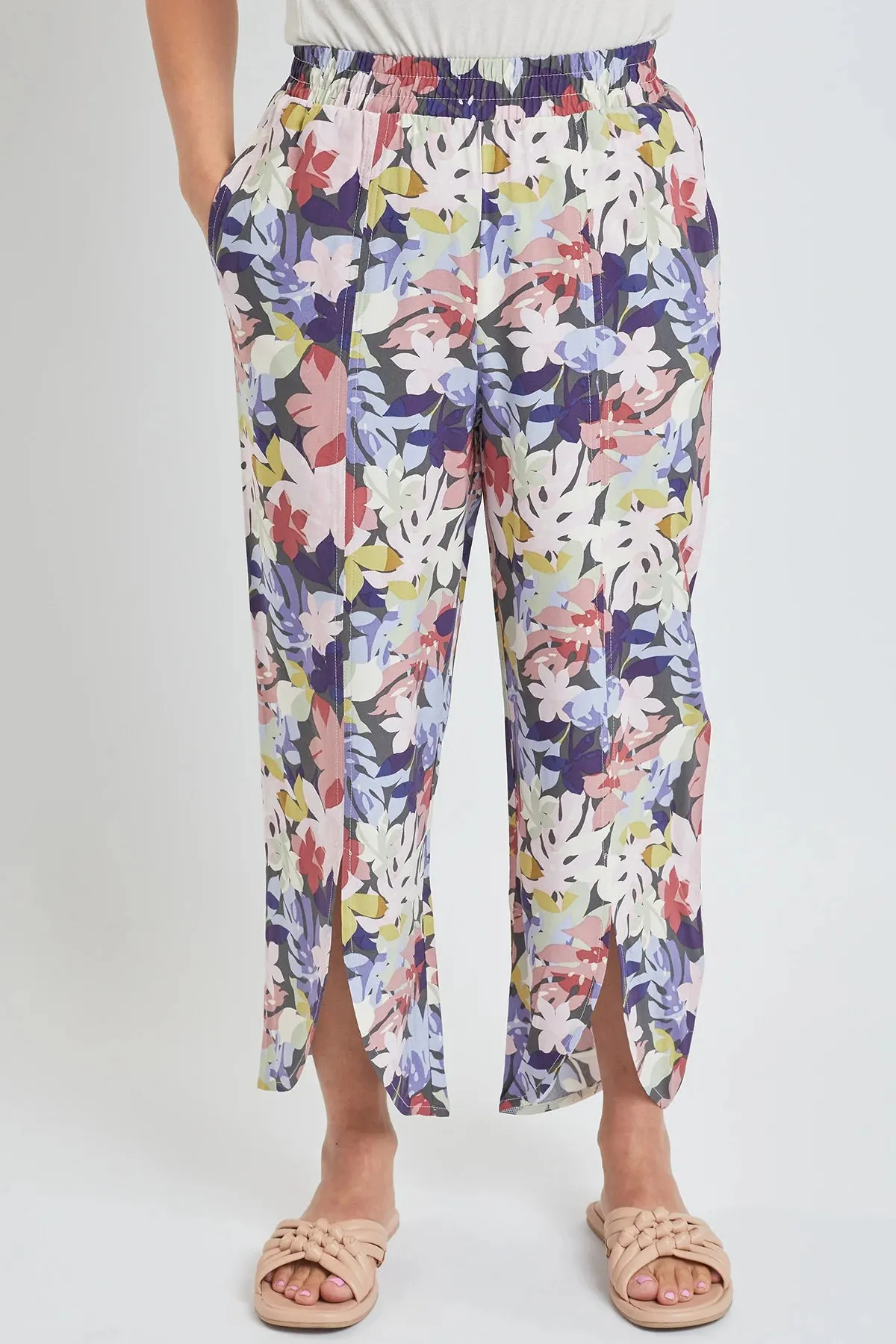 Women´s Linen Lounge Pants with Front Slit Jungle Flowers