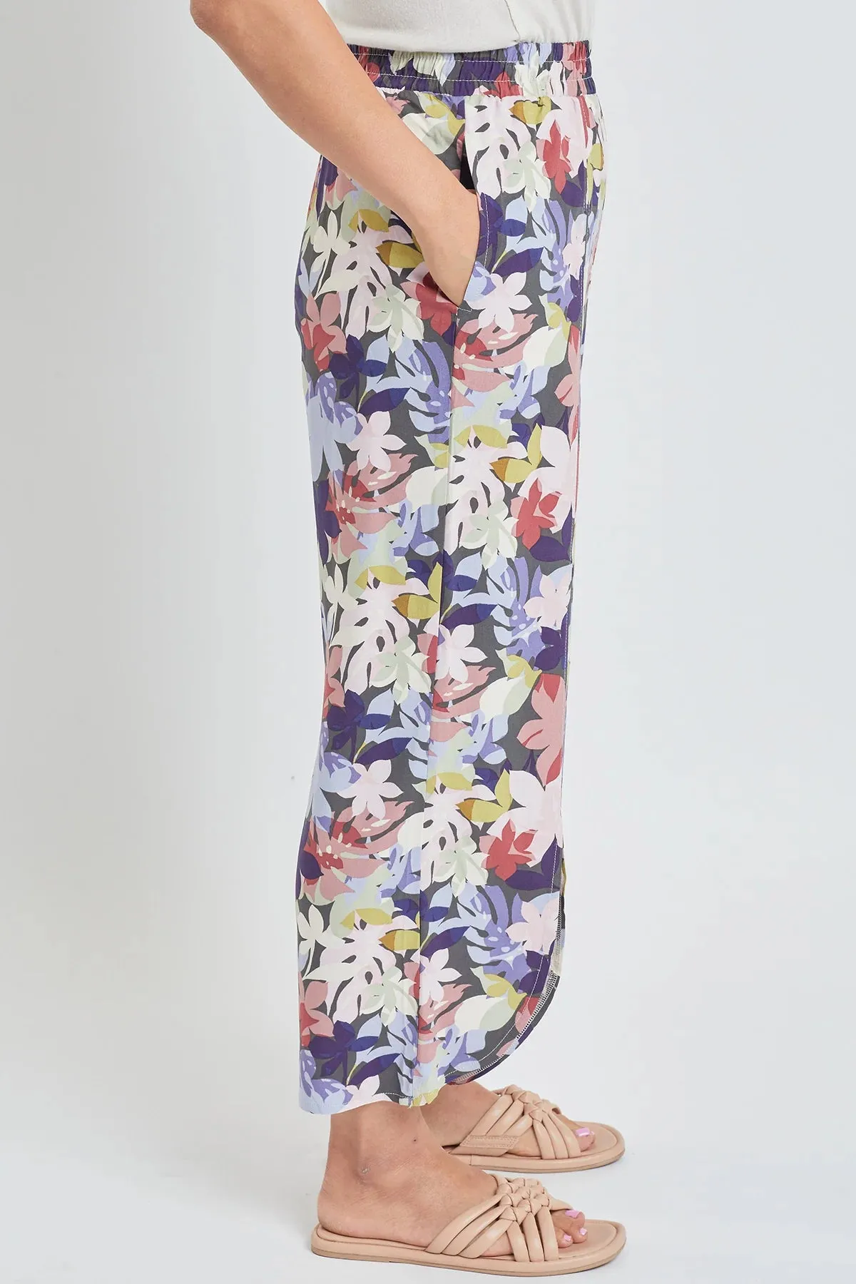 Women´s Linen Lounge Pants with Front Slit Jungle Flowers