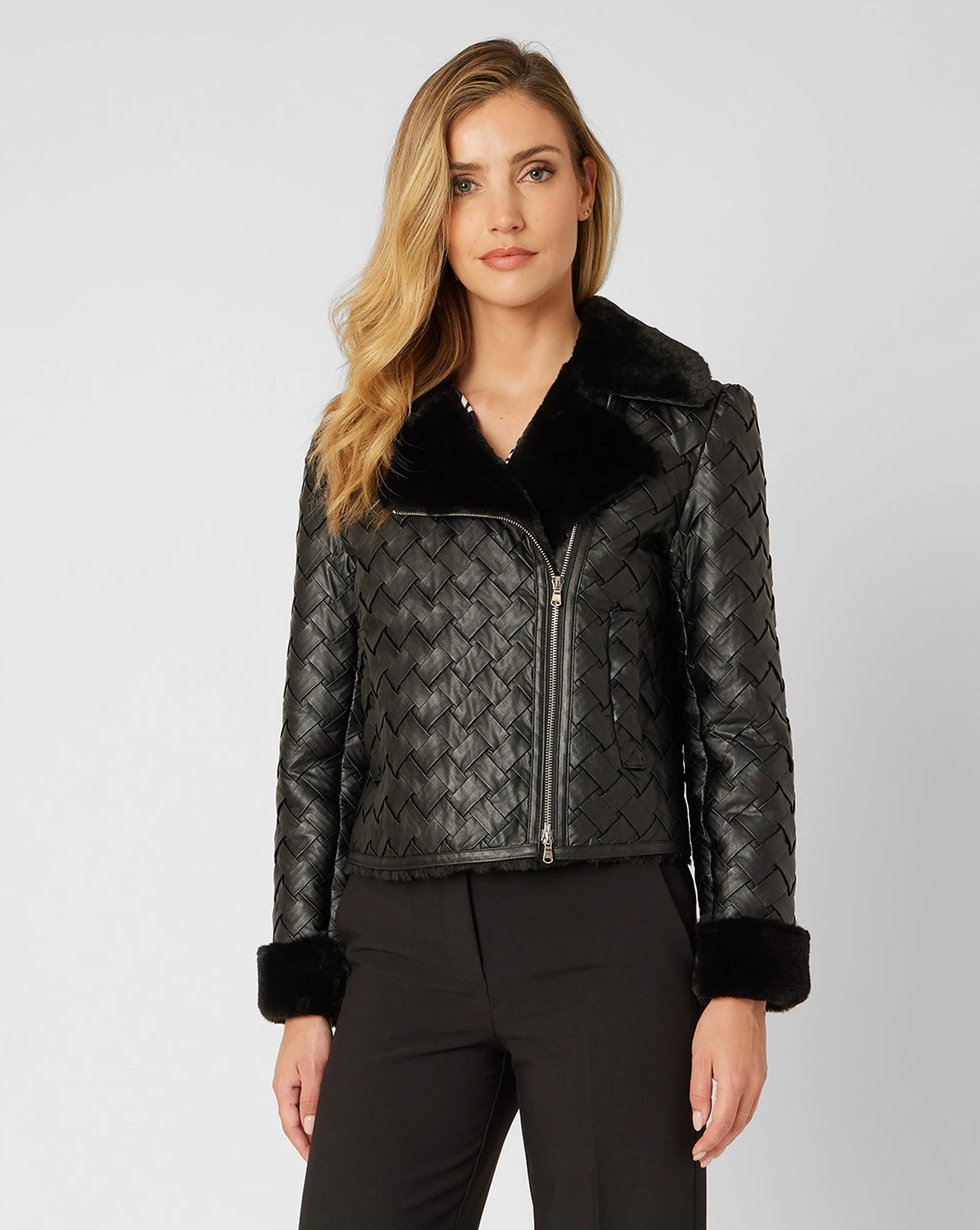 Woven Faux Leather with Faux Fur Lining Moto Jacket